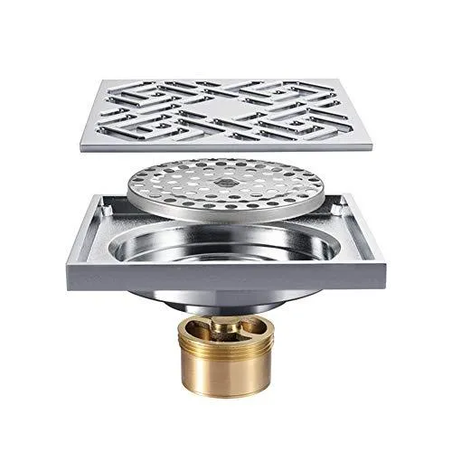 4" By 4" Copper Bathroom Accessory Square Floor Drain In Chrome Finish