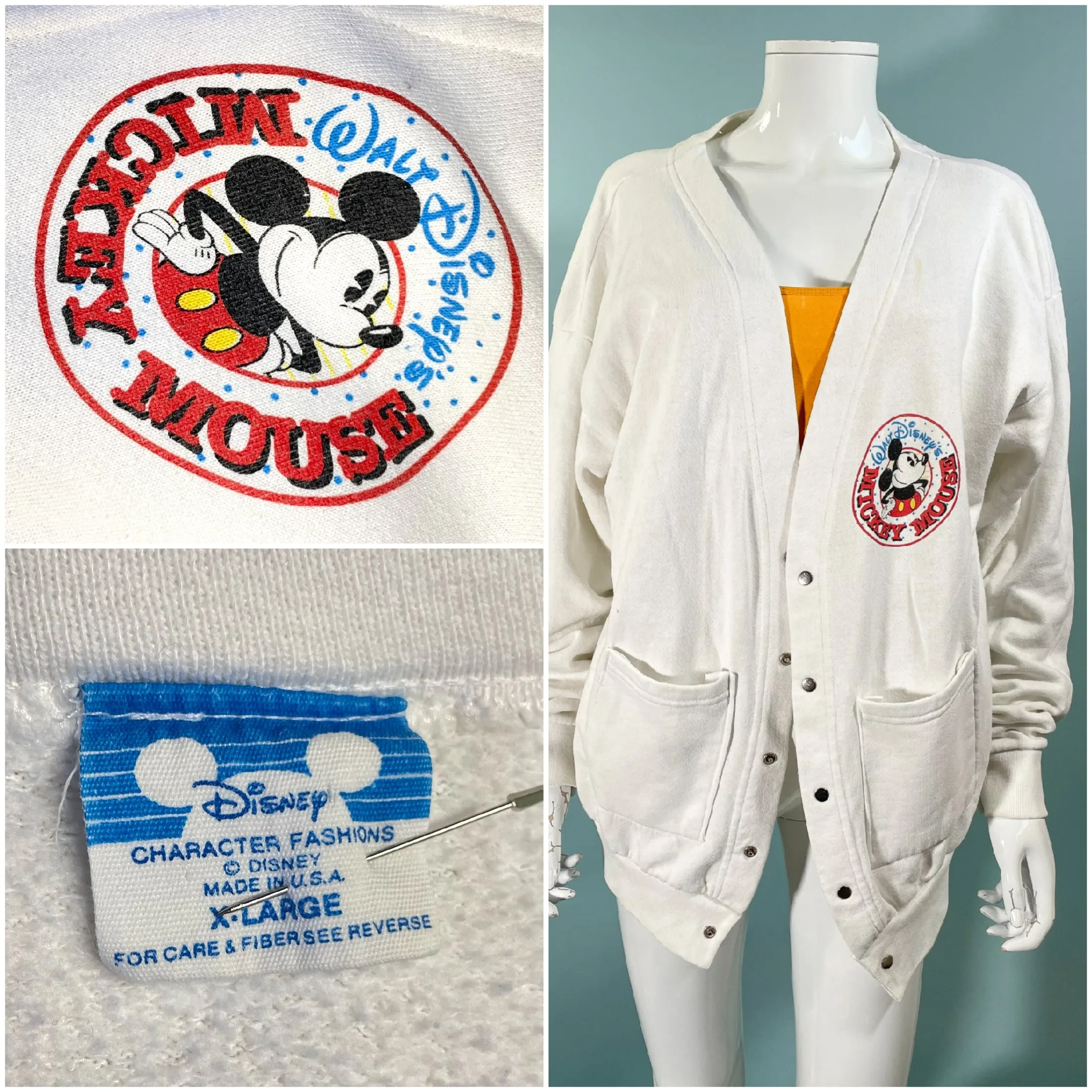 80s Walt Disney's Mickey Mouse Sweatshirt Jacket, Snaps/Pockets XL