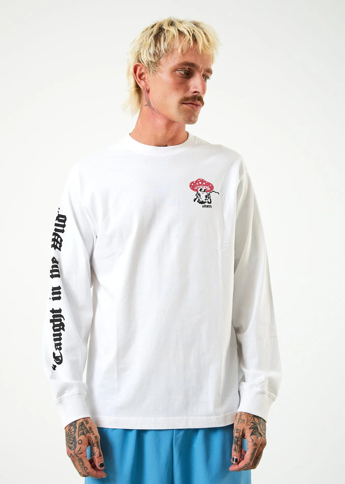 AFENDS Mens Caught In The Wild - Long Sleeve Graphic T-Shirt - White