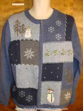 Blue Patchwork Themed Holiday Sweater