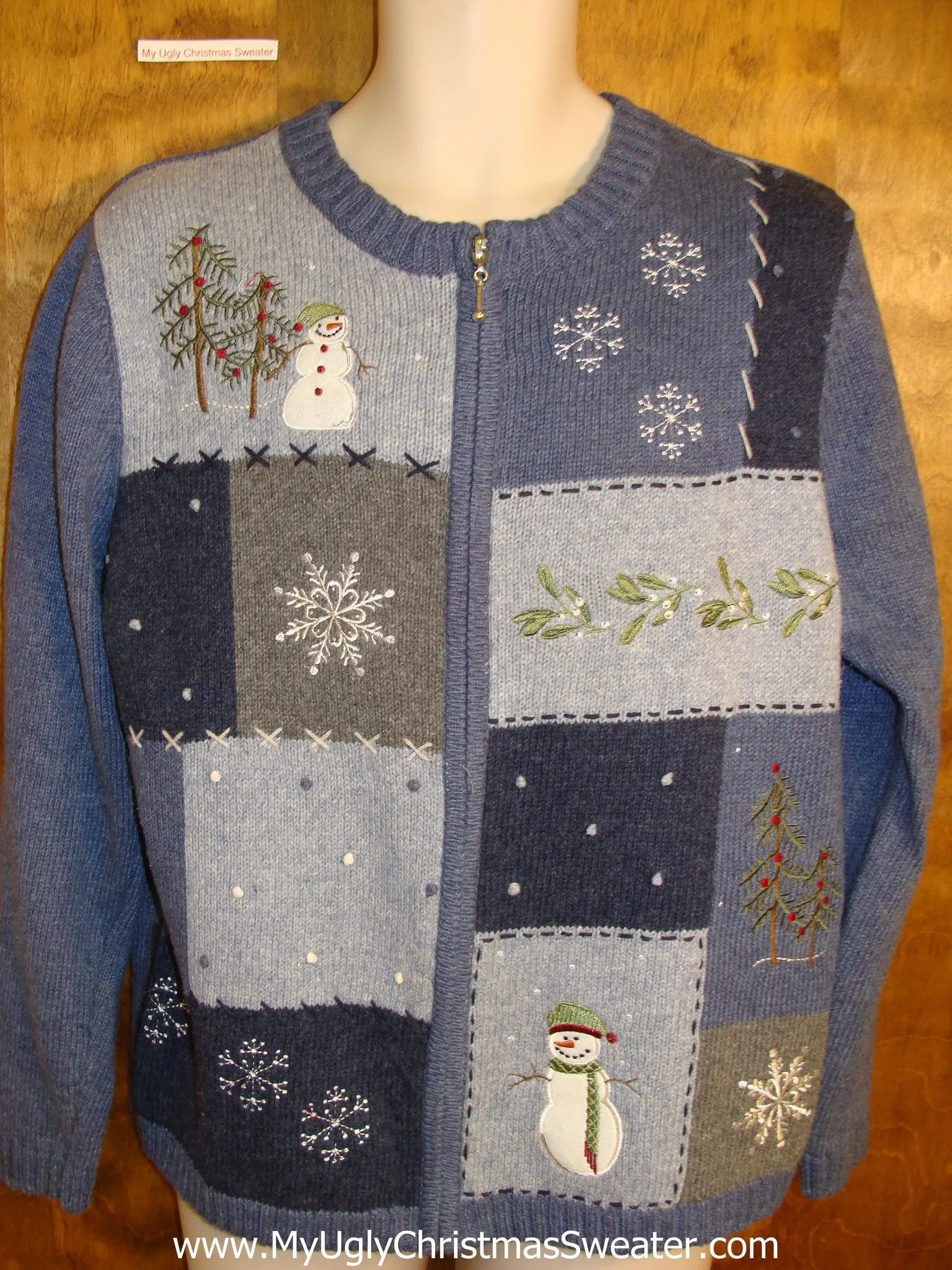 Blue Patchwork Themed Holiday Sweater