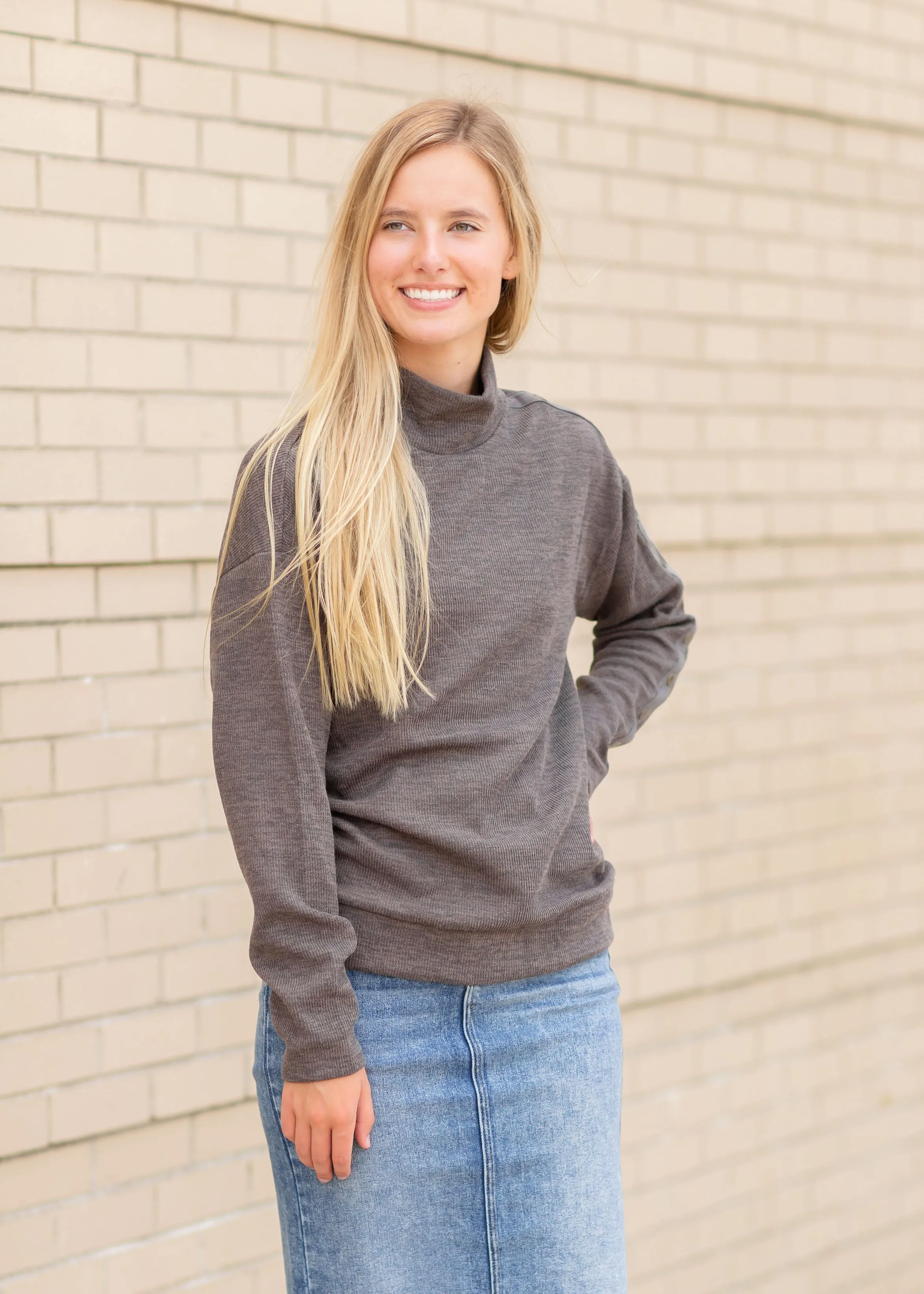 Charcoal Mock Neck Pullover With Side Button Detail - FINAL SALE
