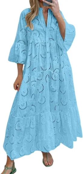 CHARTOU Women Cotton Eyelet Maxi Dress Embroidered Flowy Dress Boho Lace Shirt Dress Summer Tiered Swing A Line Dress