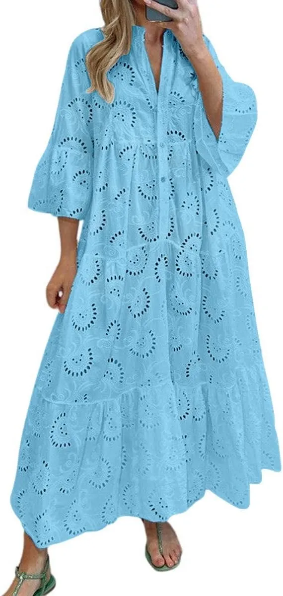 CHARTOU Women Cotton Eyelet Maxi Dress Embroidered Flowy Dress Boho Lace Shirt Dress Summer Tiered Swing A Line Dress