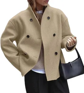 CHARTOU Women Winter Stand Collar Wool Blend Jacket Double Breasted Pea Coat Button Cropped Trench Coat Overcoat