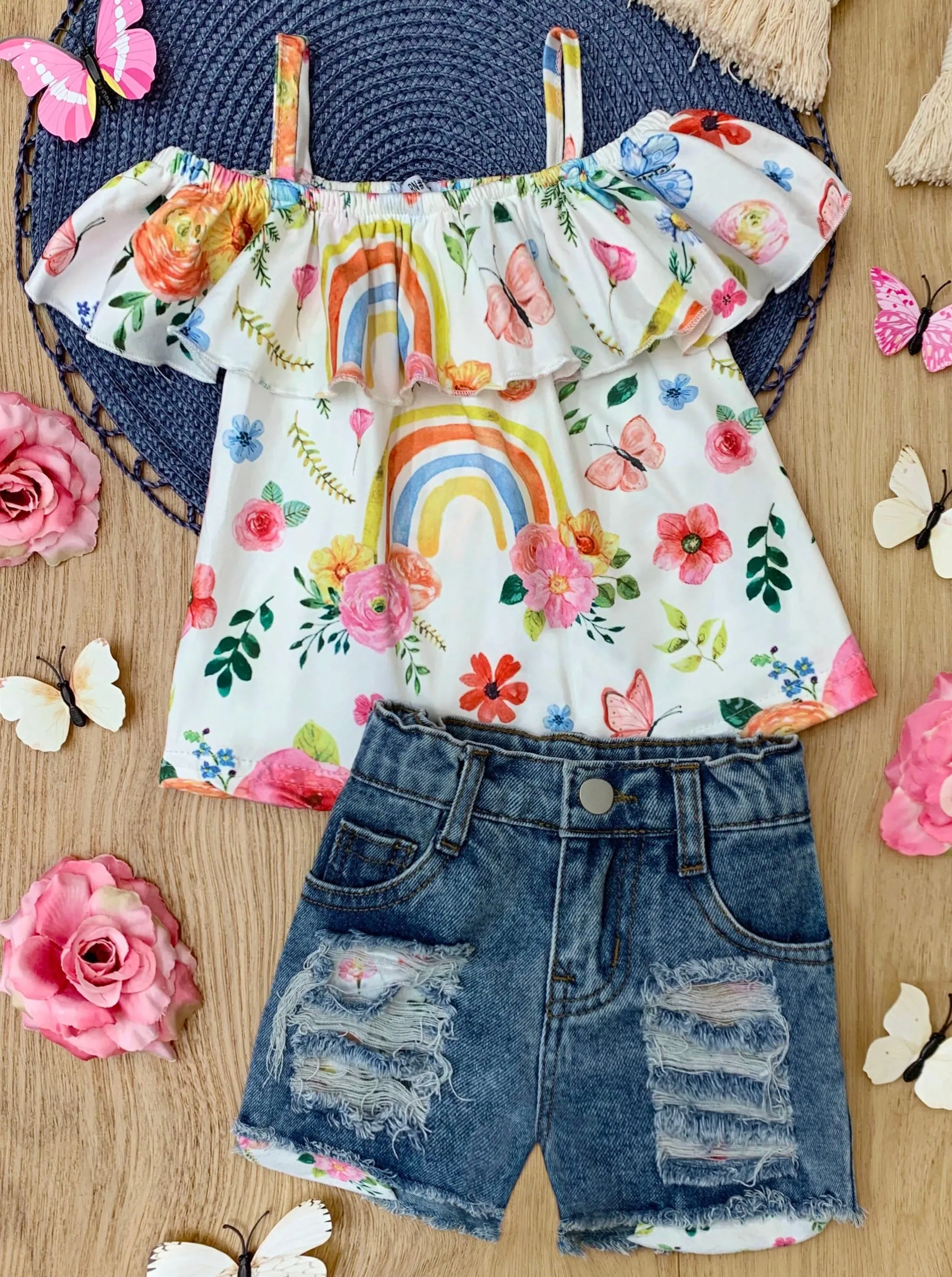 Chasing Rainbows Distressed Denim Shorts Set