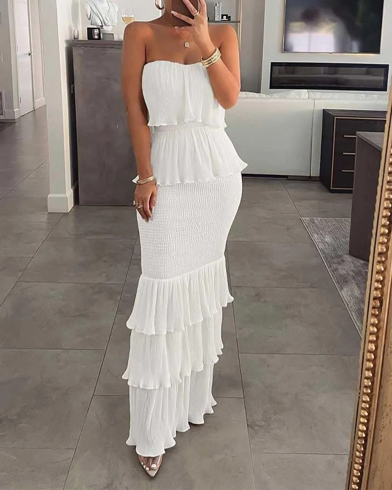 chouyatou Women's Sweet Ruffle Smocked Bodycon Maxi Dress Shirred Package Hip Mermaid Bandeau Dress