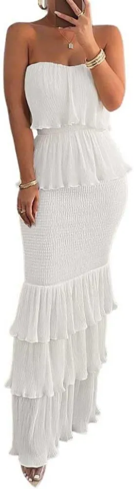 chouyatou Women's Sweet Ruffle Smocked Bodycon Maxi Dress Shirred Package Hip Mermaid Bandeau Dress