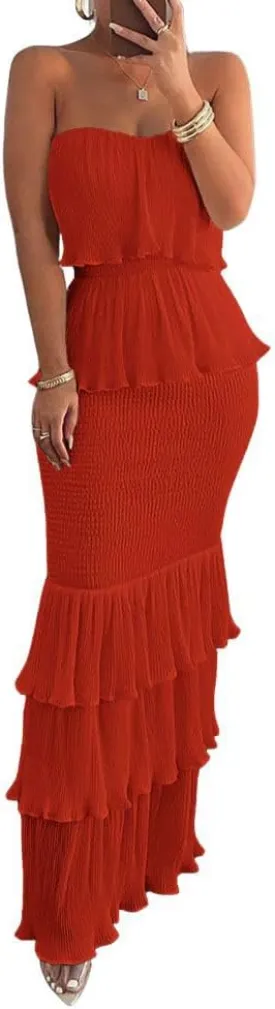 chouyatou Women's Sweet Ruffle Smocked Bodycon Maxi Dress Shirred Package Hip Mermaid Bandeau Dress