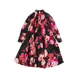 Christina Rohde Accordion Pleated Dress - Bold Floral Black/Multicolor - Style 143