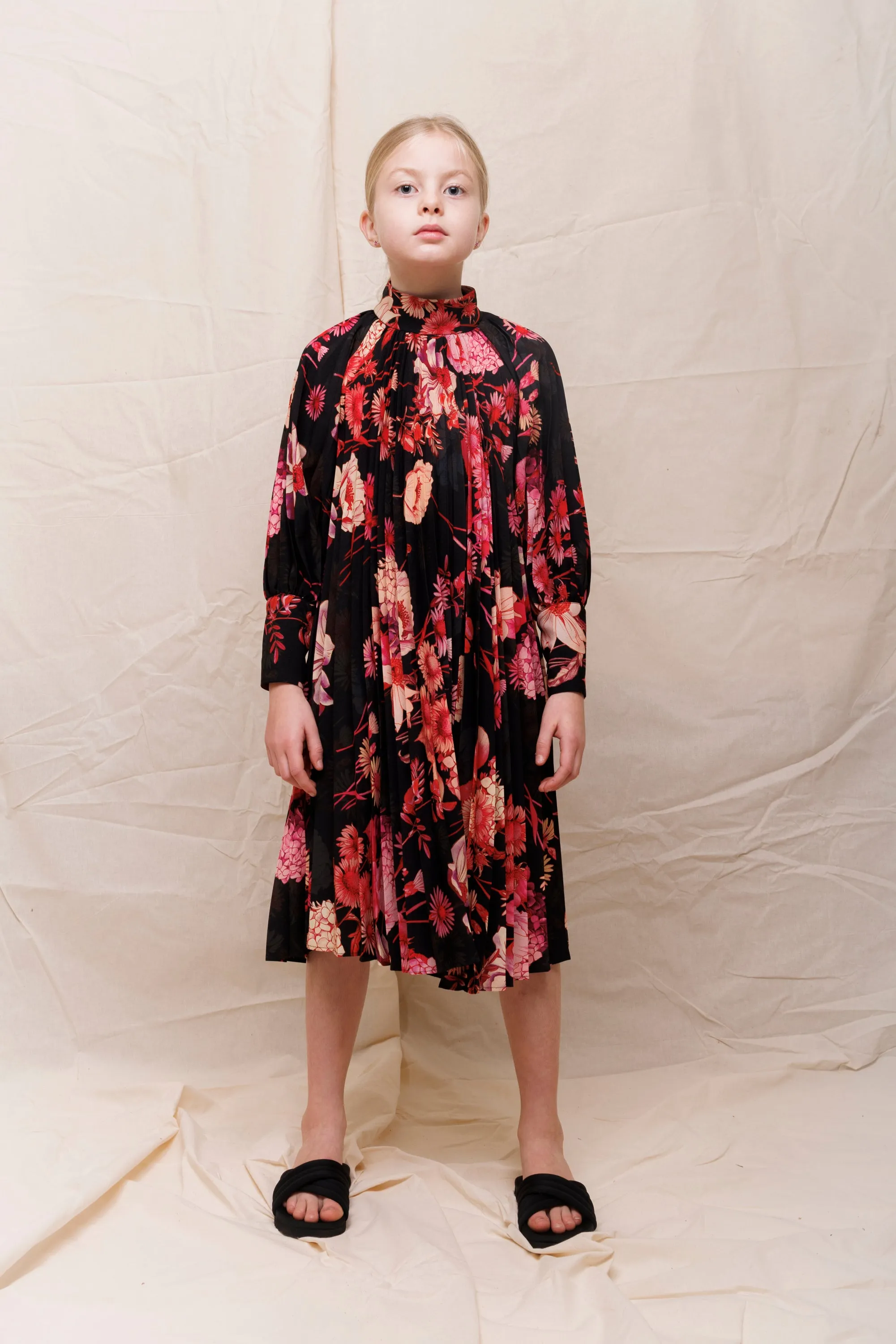 Christina Rohde Accordion Pleated Dress - Bold Floral Black/Multicolor - Style 143
