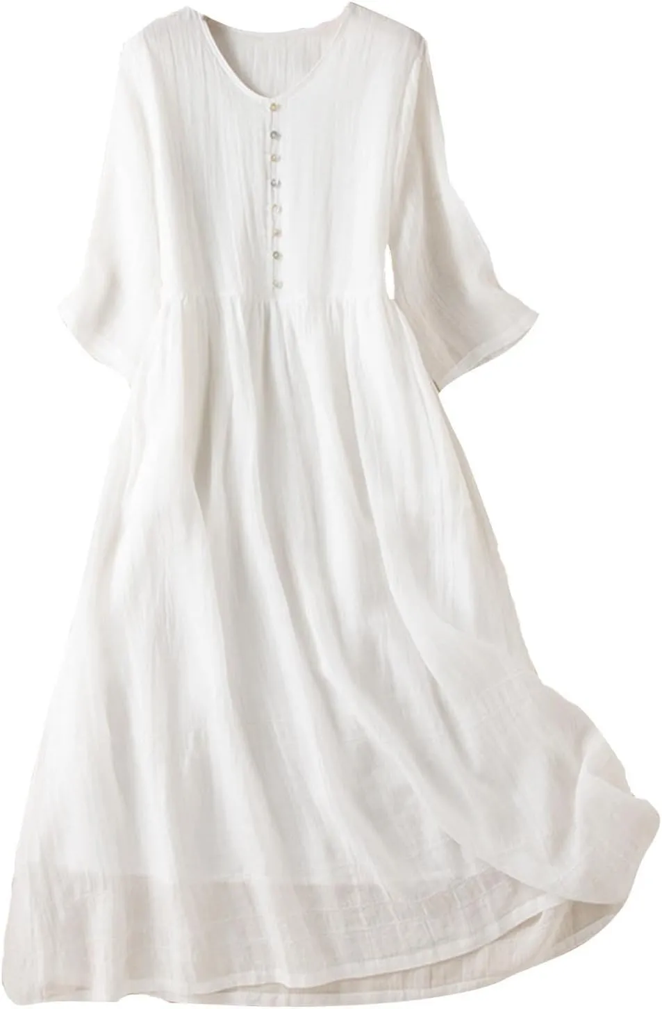 Cotton Linen Maxi Dress for Women Casual 3/4 Sleeve Crew Neck Long Dresses Flowy Boho Beach Vacation Sundress