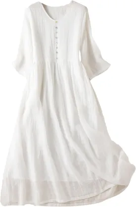 Cotton Linen Maxi Dress for Women Casual 3/4 Sleeve Crew Neck Long Dresses Flowy Boho Beach Vacation Sundress