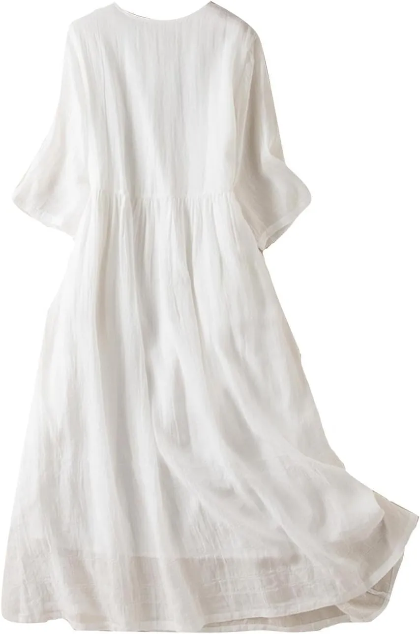 Cotton Linen Maxi Dress for Women Casual 3/4 Sleeve Crew Neck Long Dresses Flowy Boho Beach Vacation Sundress