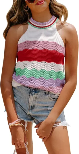 Dellytop Womens Halter Neck Sweater Vest Color Block Sleeveless Loose Knit Tank Top
