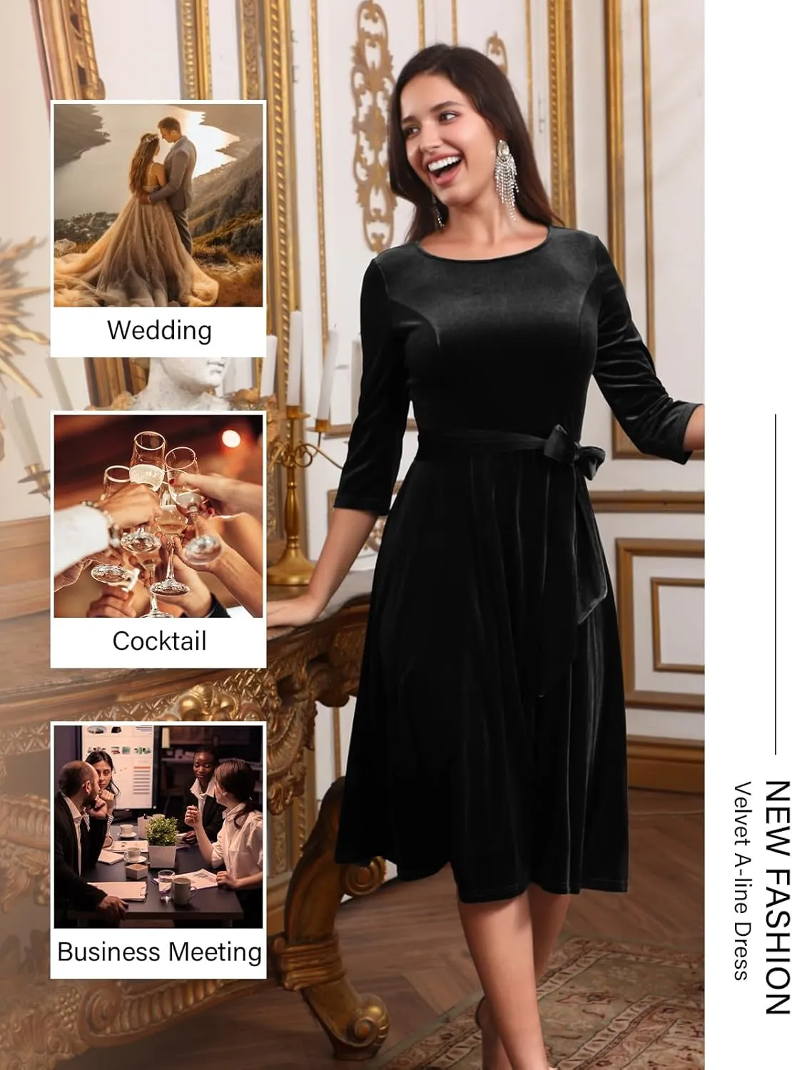 DRESSTELLS Velvet Cocktail Dress for Women, 2024 Winter Christmas Holiday Dress, 3/4 Long Sleeves Party Formal Dress