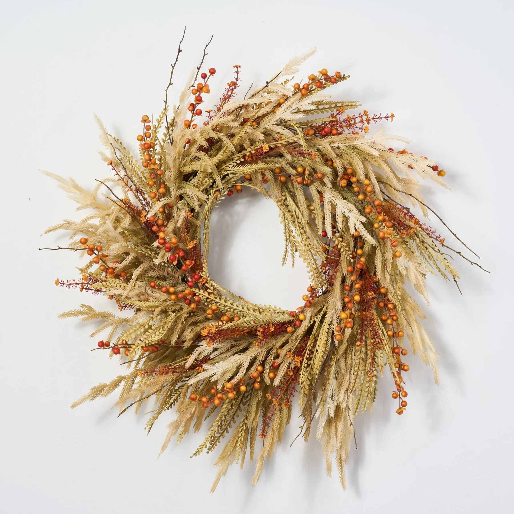 Dried-Look Neutral Tone Wheat Grass with Fall Berry & Wildflowers Front Door Autumn Wreath