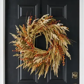 Dried-Look Neutral Tone Wheat Grass with Fall Berry & Wildflowers Front Door Autumn Wreath