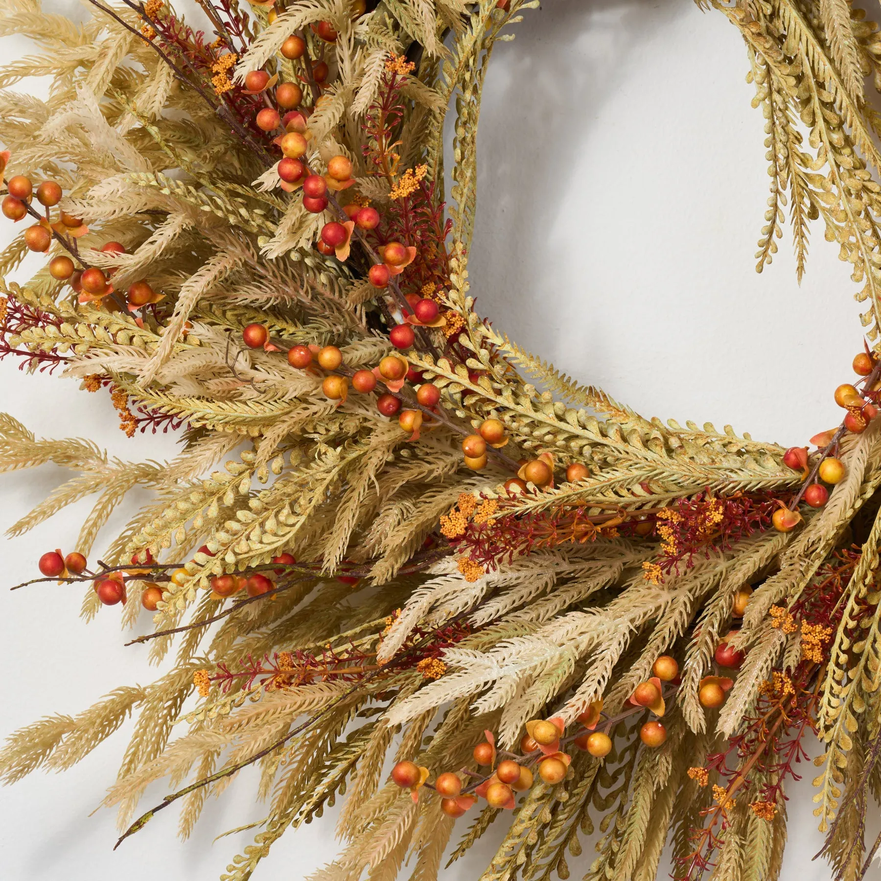Dried-Look Neutral Tone Wheat Grass with Fall Berry & Wildflowers Front Door Autumn Wreath