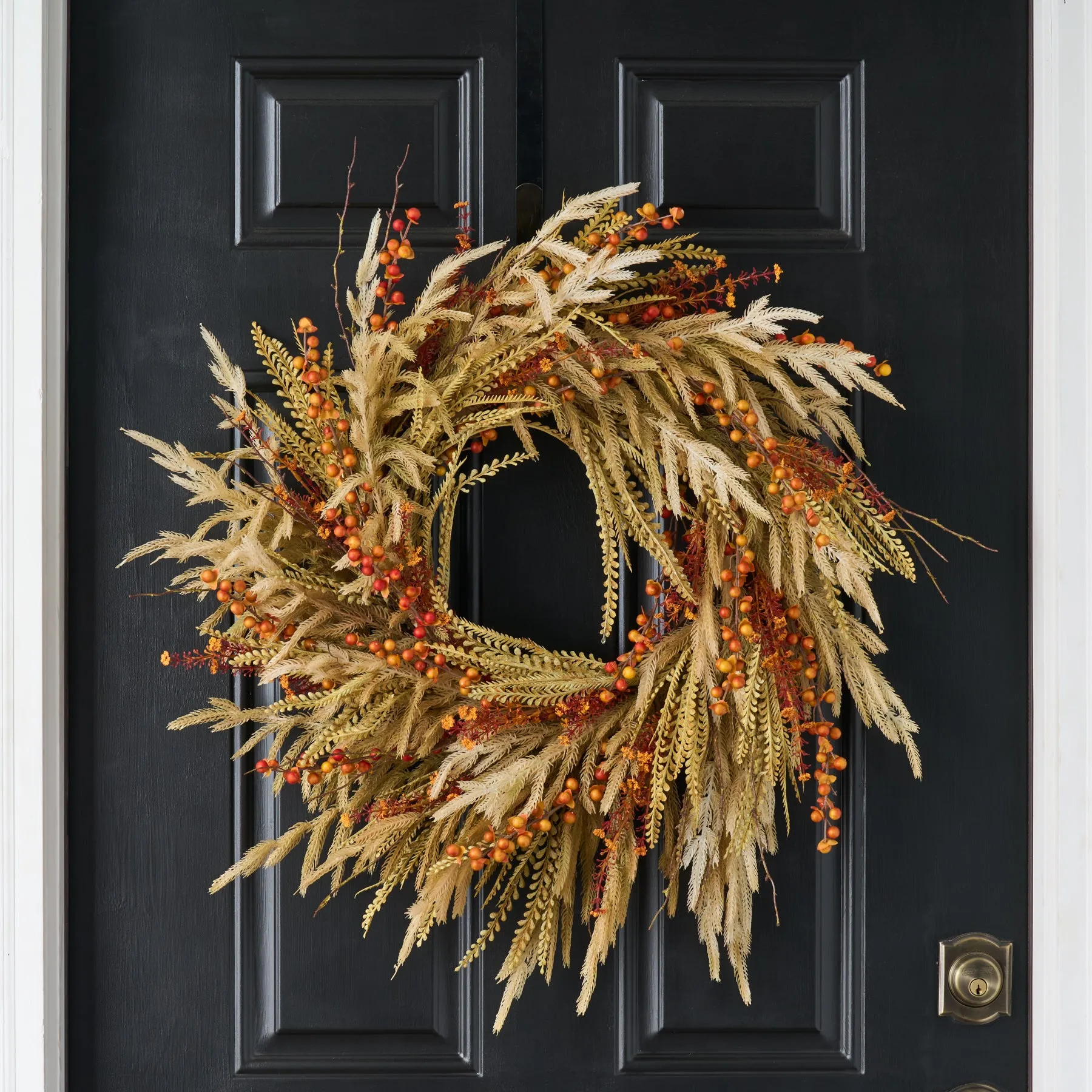 Dried-Look Neutral Tone Wheat Grass with Fall Berry & Wildflowers Front Door Autumn Wreath