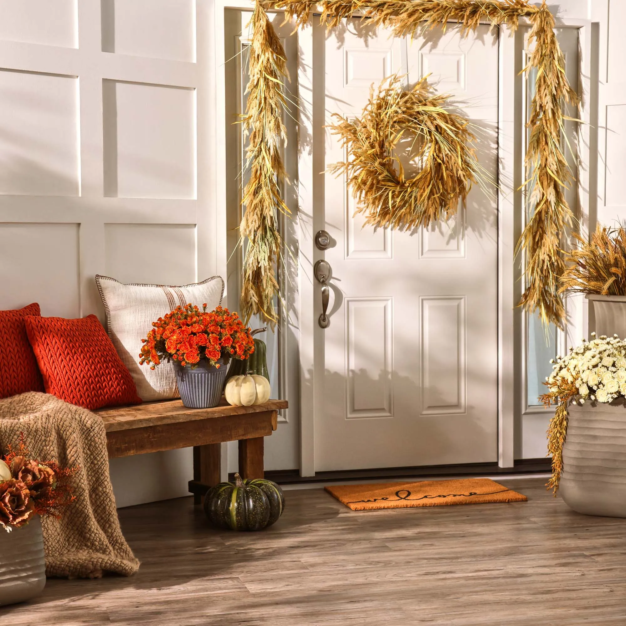 Dried-Look Wheat Grass & Neutral Tone Triticum Front Door Fall Wreath
