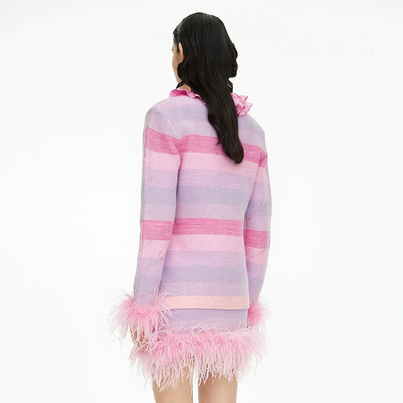 FAME luxury Winter pastel gradient striped diamond embellished-knit cardigan - Fimmia