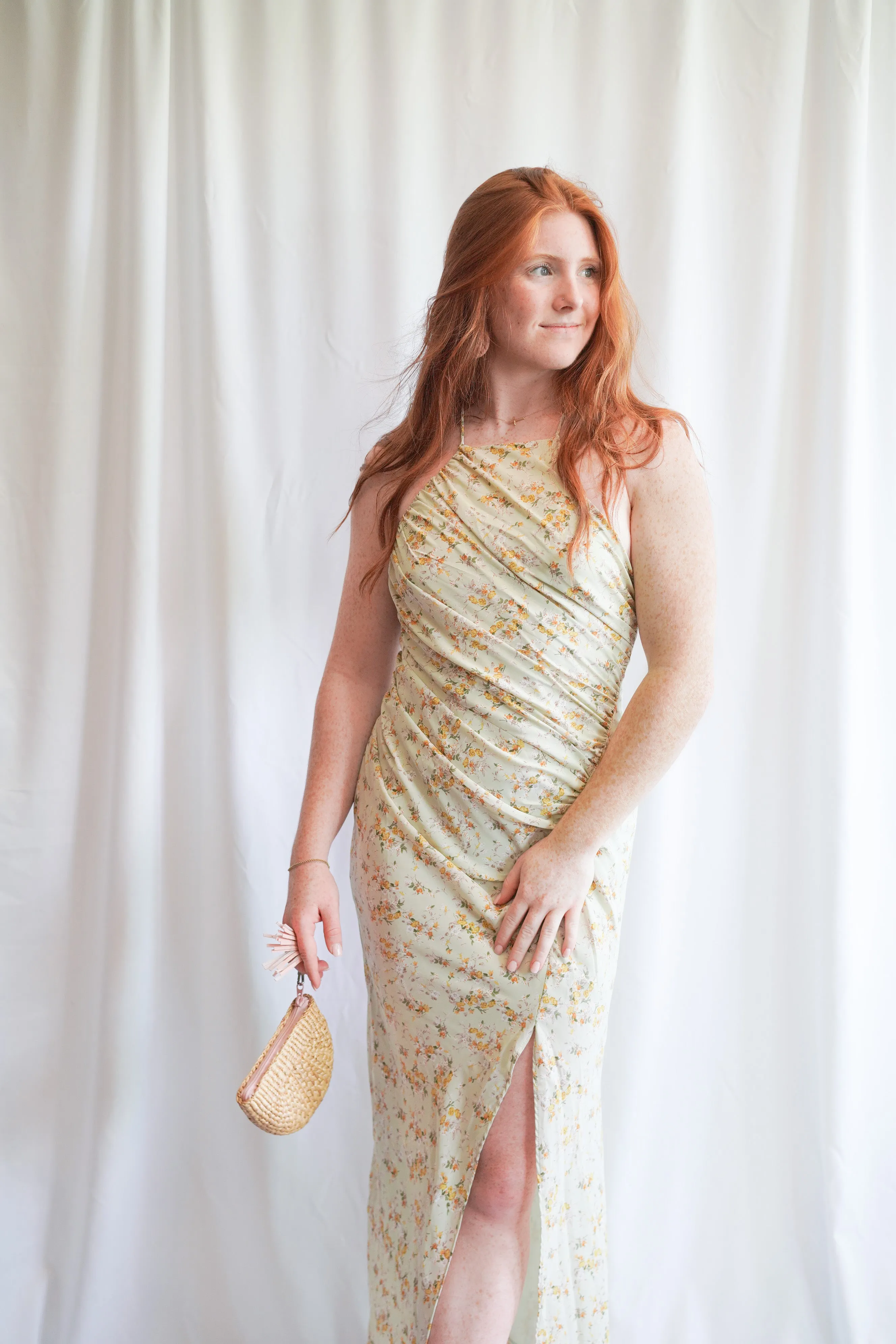 Floral Halter Ruched Midi Dress