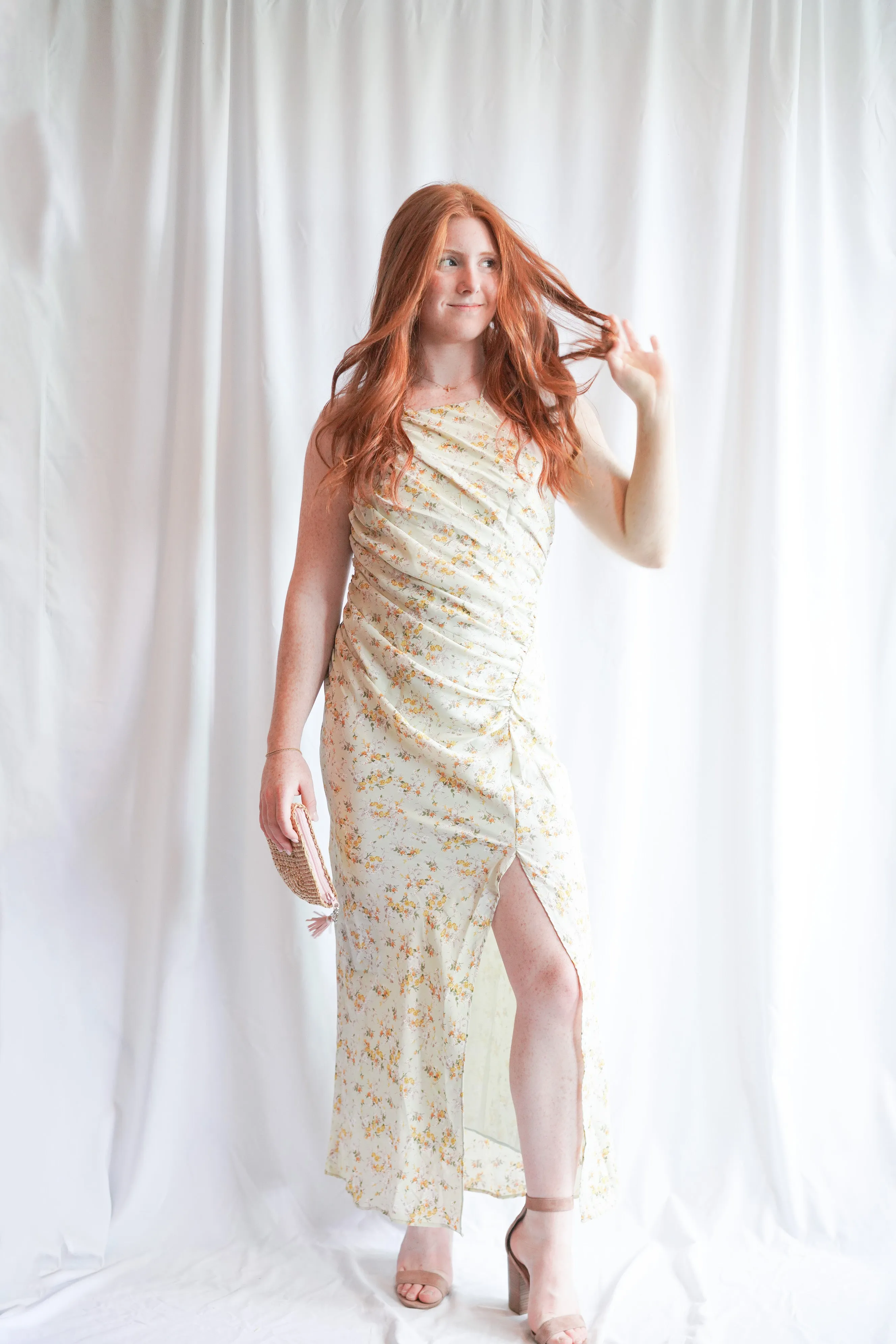 Floral Halter Ruched Midi Dress