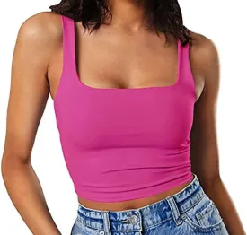 GEMBERA Women's Sexy Sleeveless Strappy Square Neck Crop Tank Top Fitted Gym Stretchy Cropped Tank