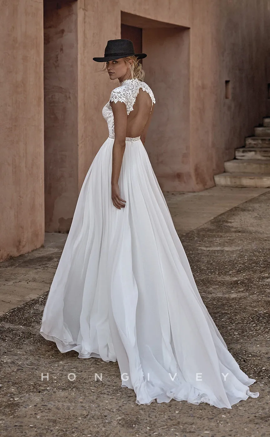H0867 - Illusion Floral Lace Cutout Halter Open Back Ruched With Train Wedding Dress