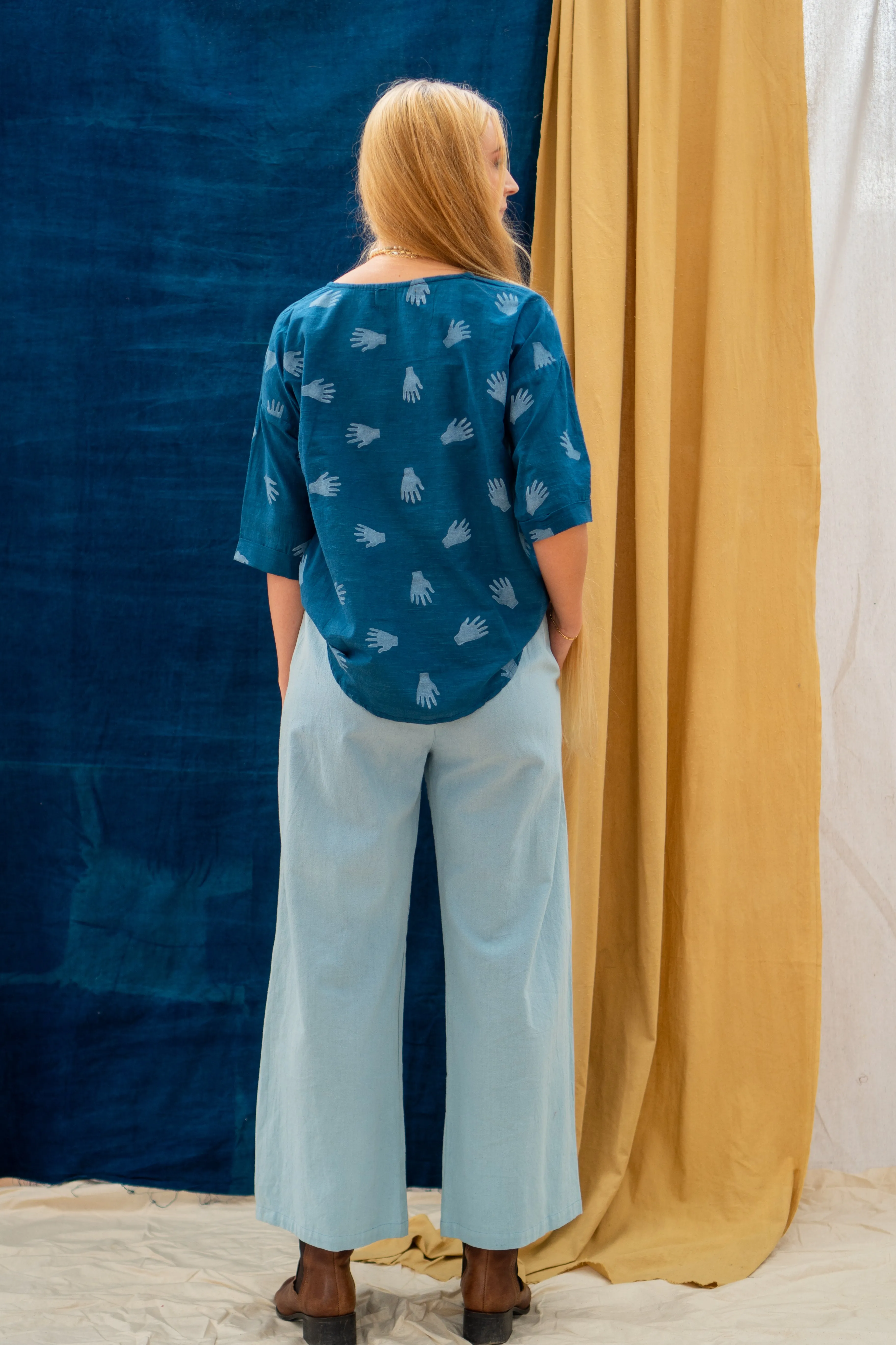 Half Sleeve Top - Hands Print on Indigo