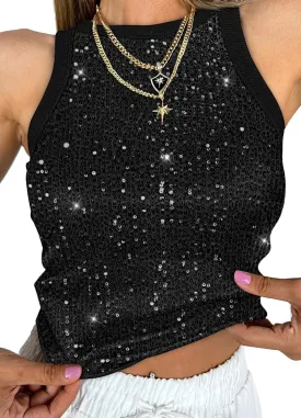 Haoohu Women's Sparkly Sequin Sleeveless Tank Top Camisole Round Neck Rave Tank Vest Party Shirt Clubwear