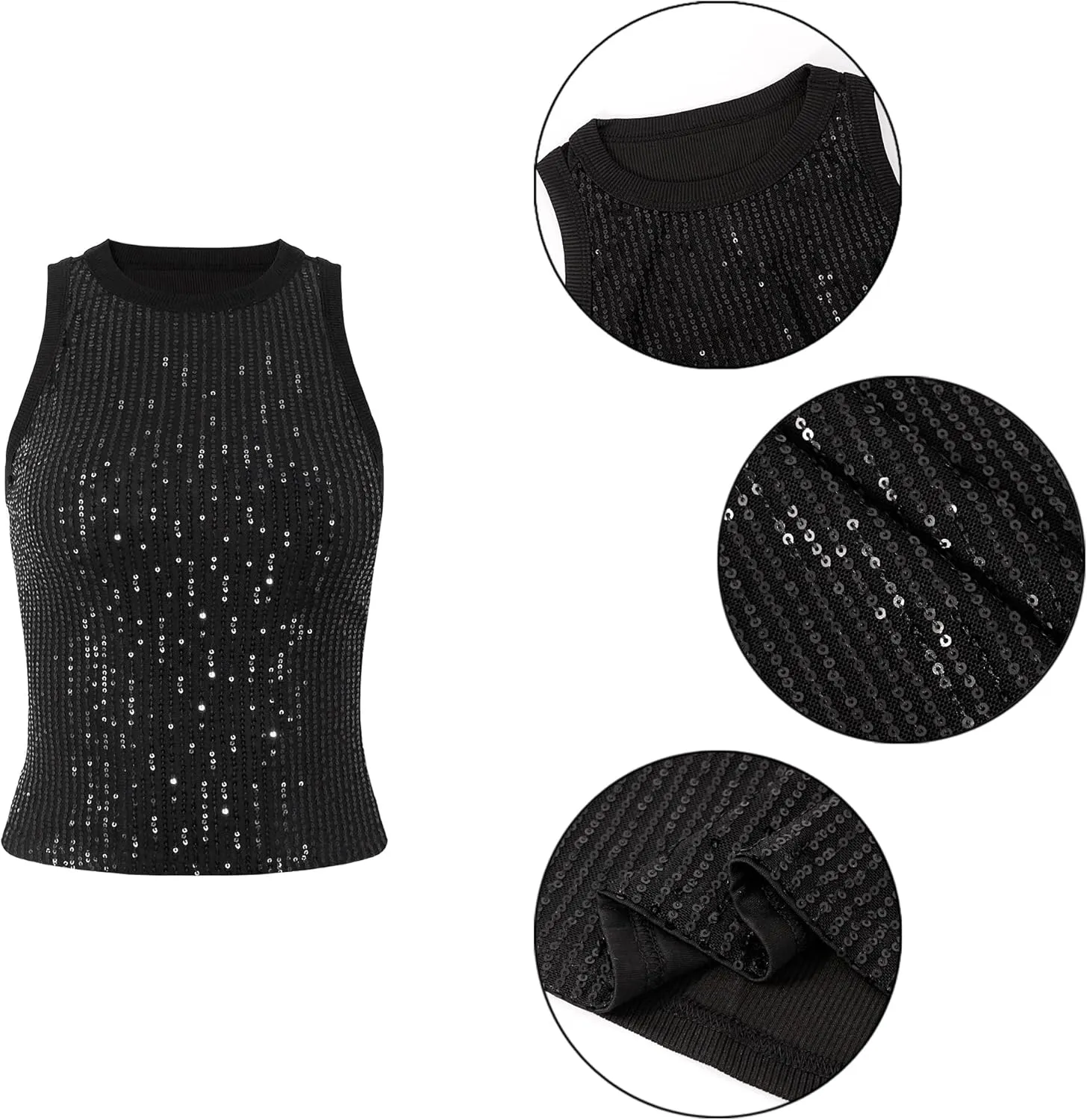 Haoohu Women's Sparkly Sequin Sleeveless Tank Top Camisole Round Neck Rave Tank Vest Party Shirt Clubwear