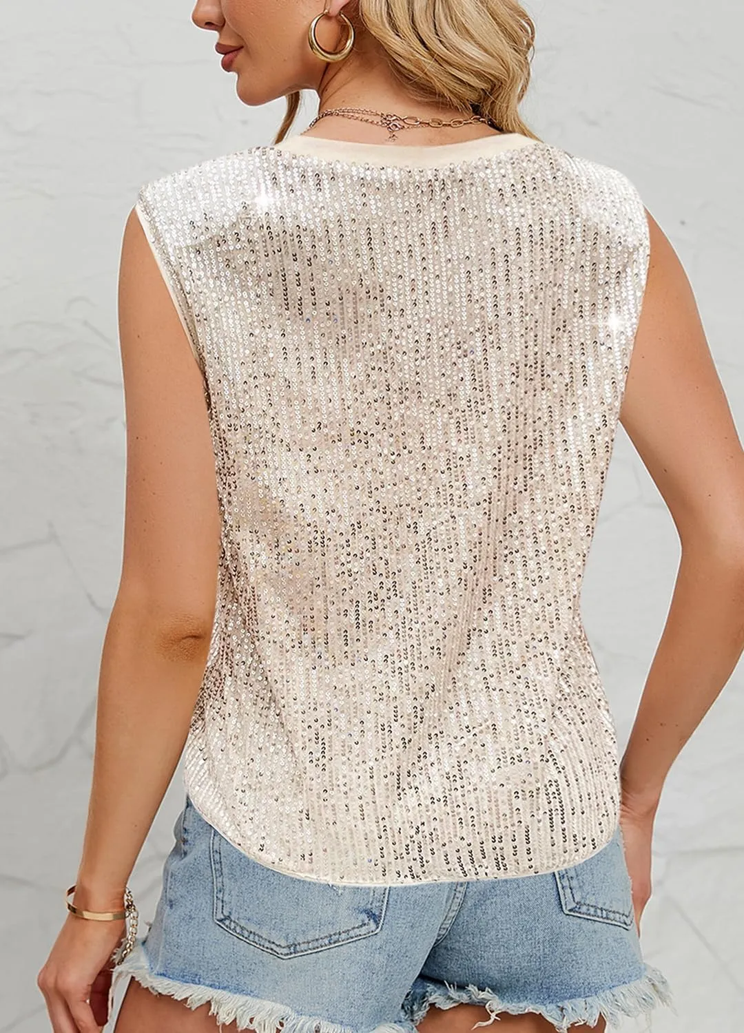 Haoohu Women's Sparkly Sequin Sleeveless Tank Top Camisole Round Neck Rave Tank Vest Party Shirt Clubwear