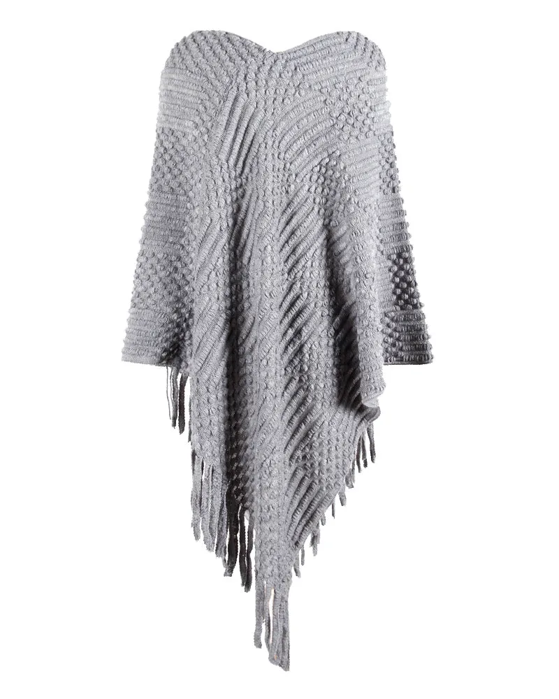 Chic One-Size Solid Fringed Sweater Poncho with Pom Poms for Women (S-XL)