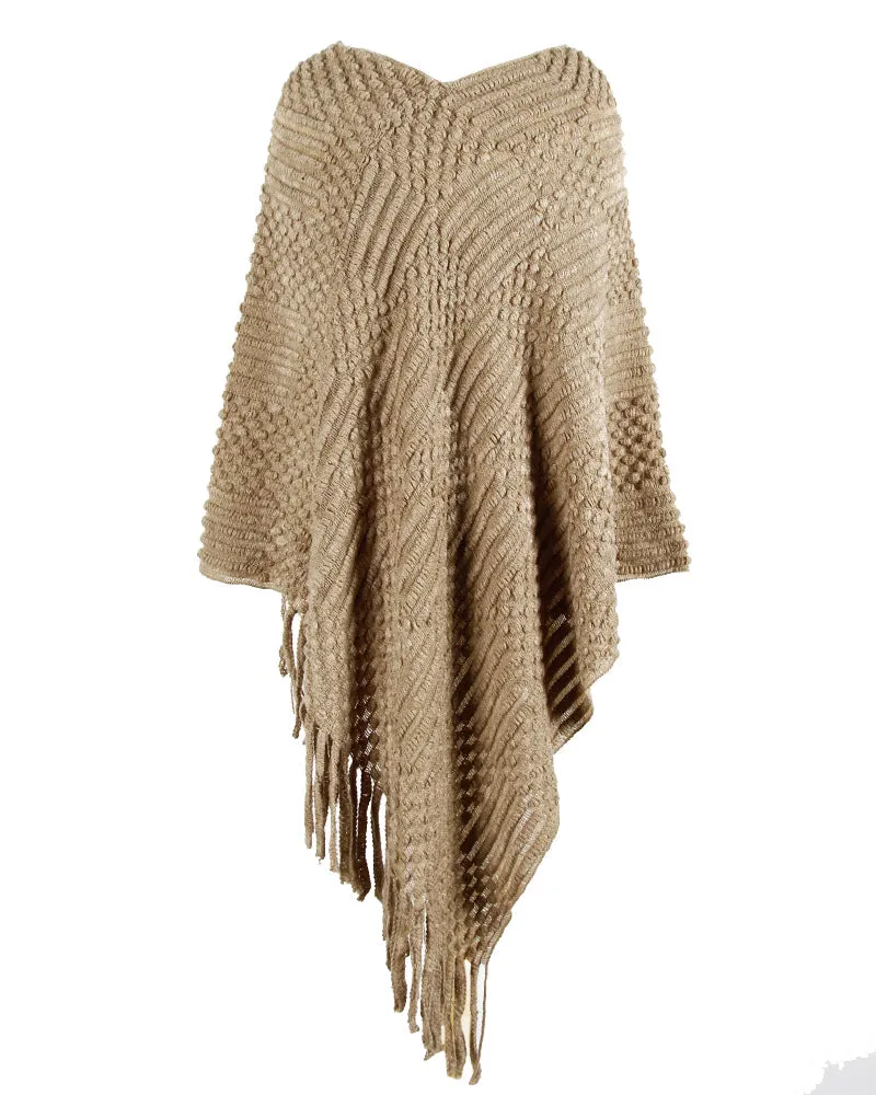 Chic One-Size Solid Fringed Sweater Poncho with Pom Poms for Women (S-XL)