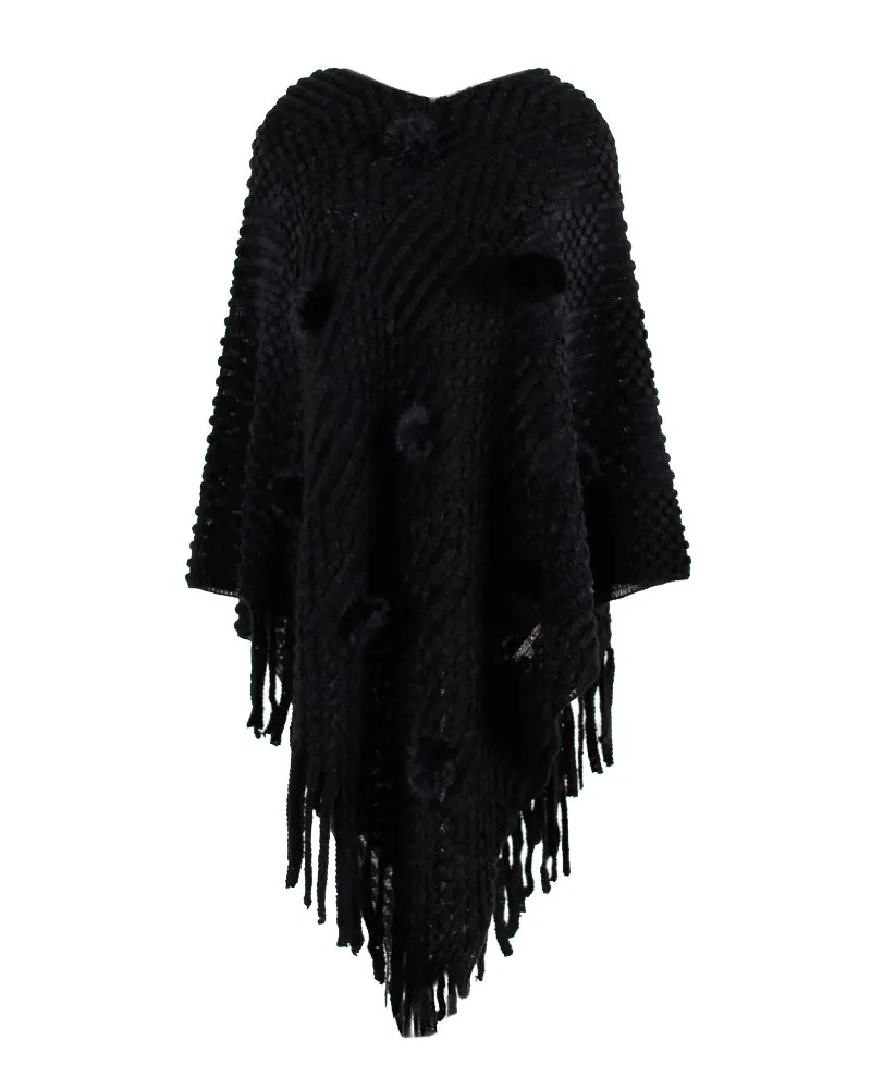Chic One-Size Solid Fringed Sweater Poncho with Pom Poms for Women (S-XL)