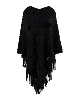 Chic One-Size Solid Fringed Sweater Poncho with Pom Poms for Women (S-XL)