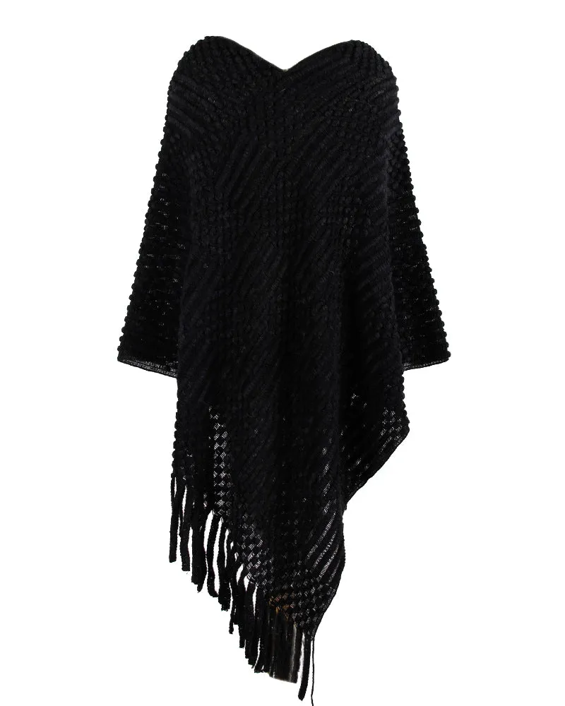 Chic One-Size Solid Fringed Sweater Poncho with Pom Poms for Women (S-XL)
