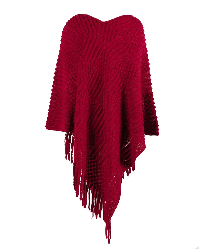 Chic One-Size Solid Fringed Sweater Poncho with Pom Poms for Women (S-XL)