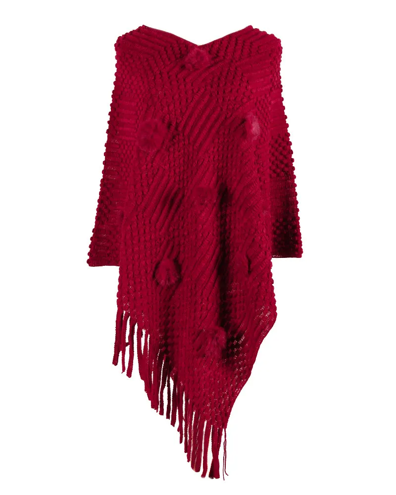 Chic One-Size Solid Fringed Sweater Poncho with Pom Poms for Women (S-XL)