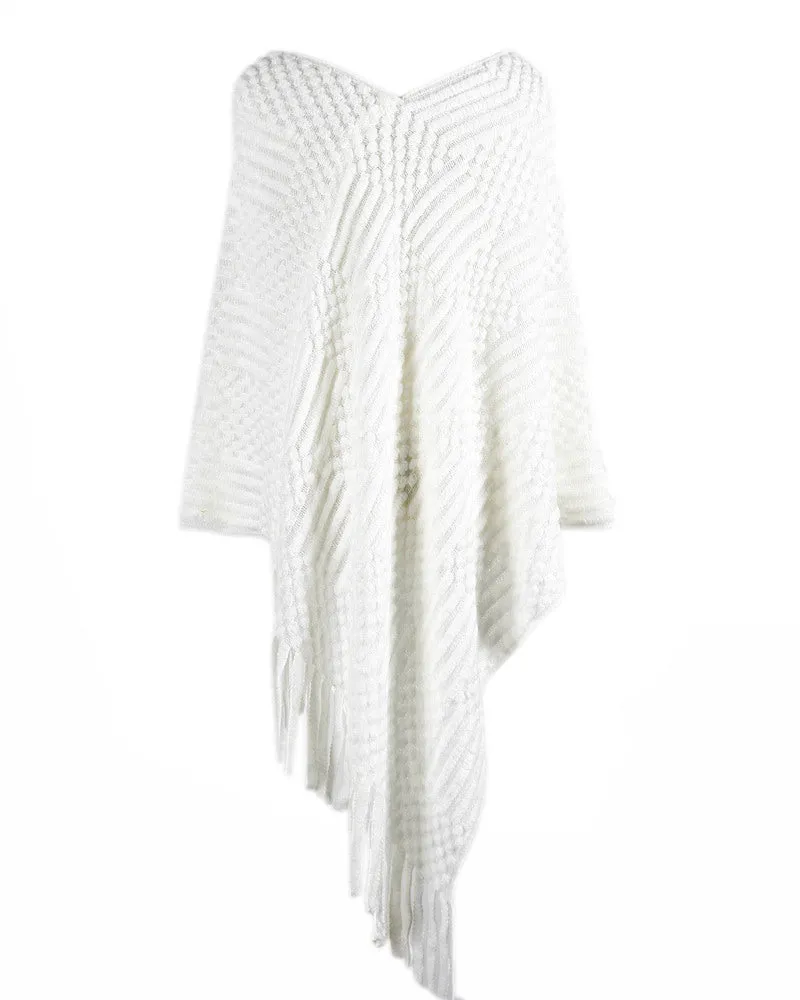 Chic One-Size Solid Fringed Sweater Poncho with Pom Poms for Women (S-XL)