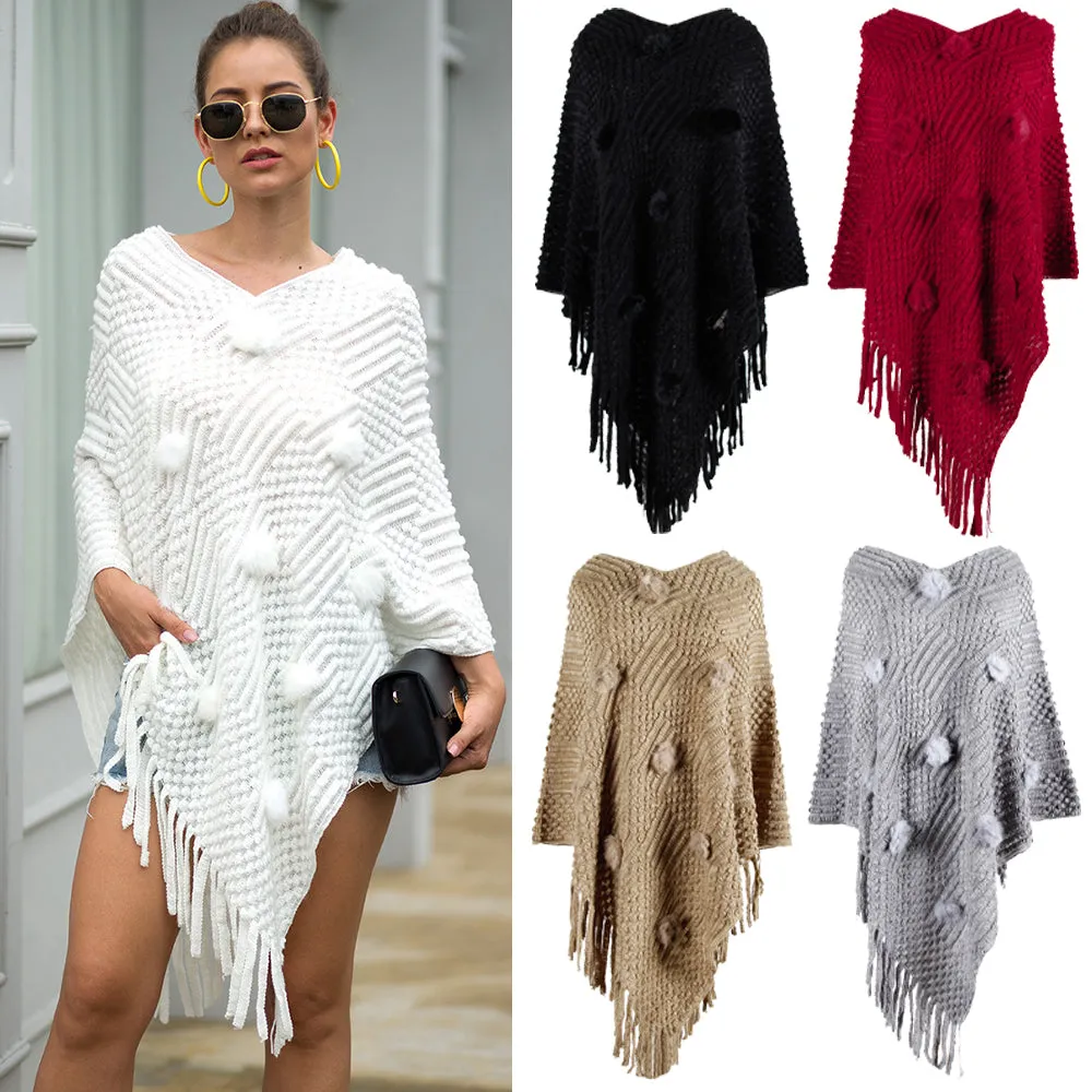 Chic One-Size Solid Fringed Sweater Poncho with Pom Poms for Women (S-XL)