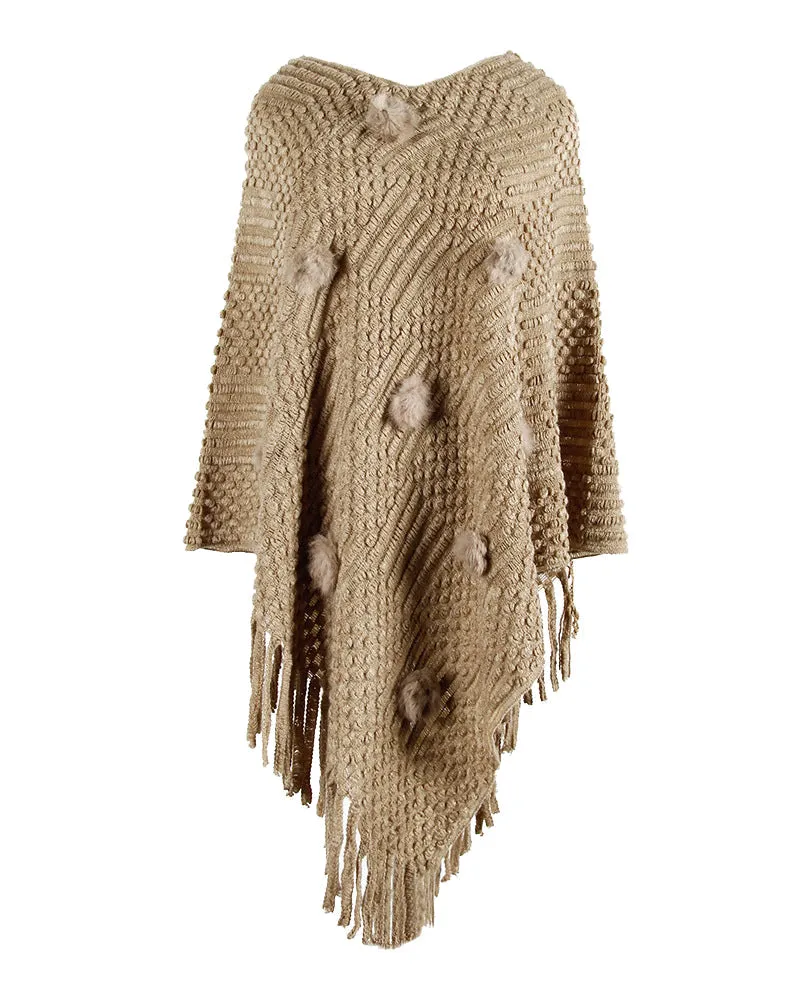 Chic One-Size Solid Fringed Sweater Poncho with Pom Poms for Women (S-XL)