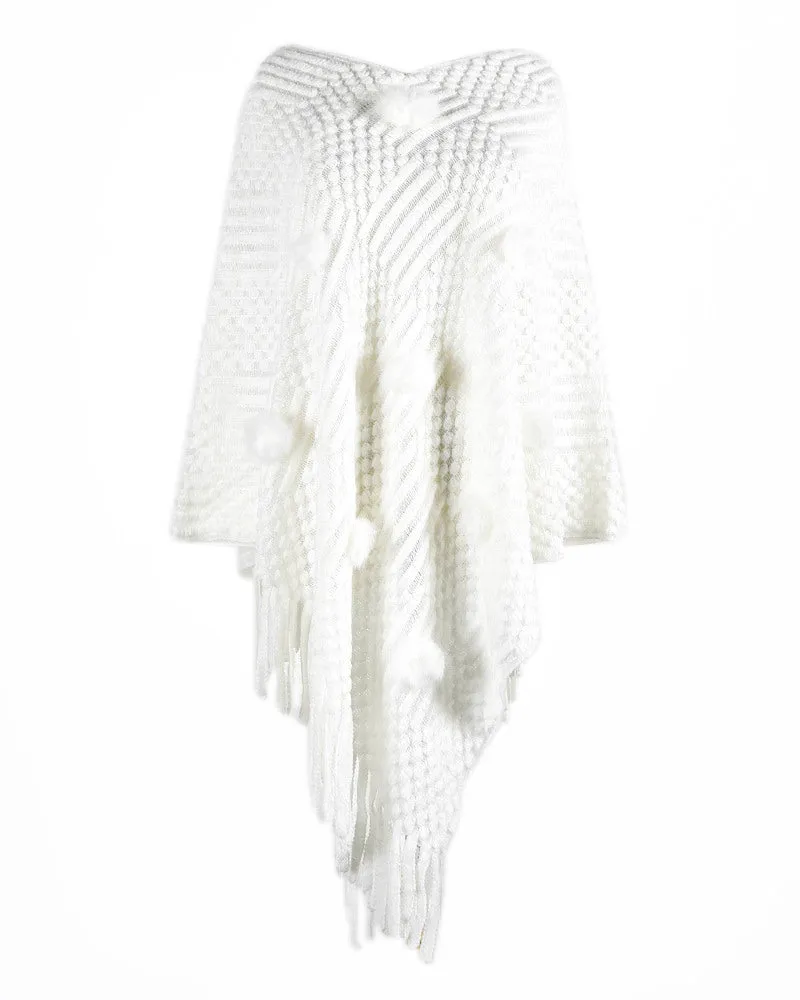 Chic One-Size Solid Fringed Sweater Poncho with Pom Poms for Women (S-XL)
