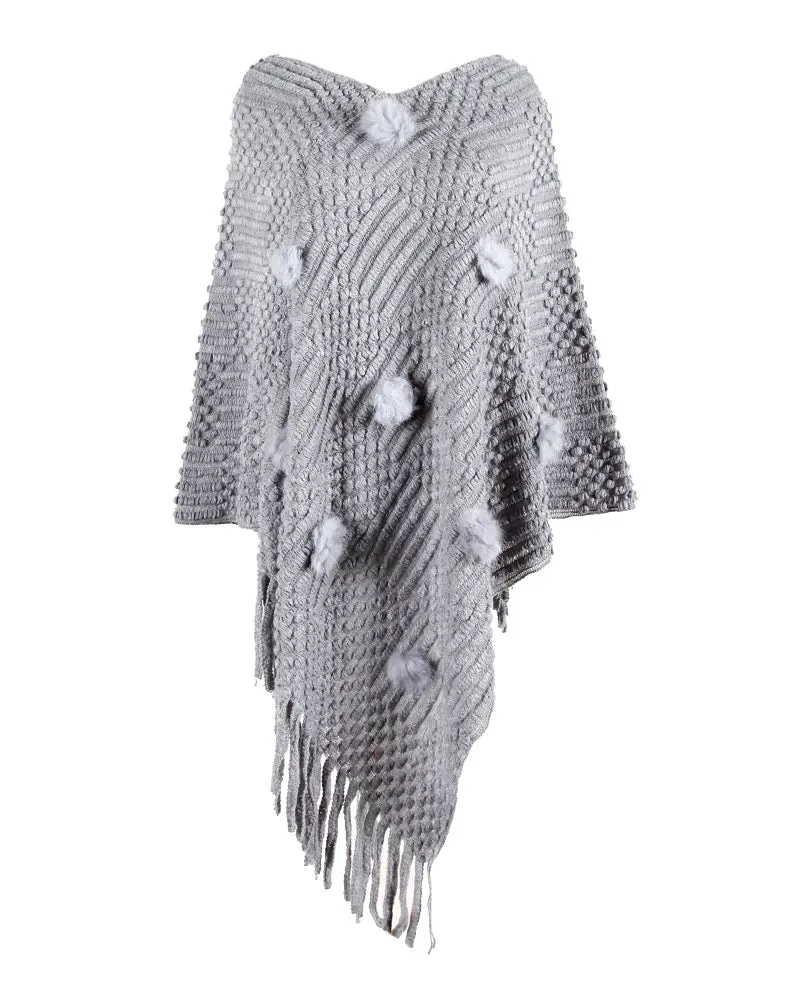 Chic One-Size Solid Fringed Sweater Poncho with Pom Poms for Women (S-XL)