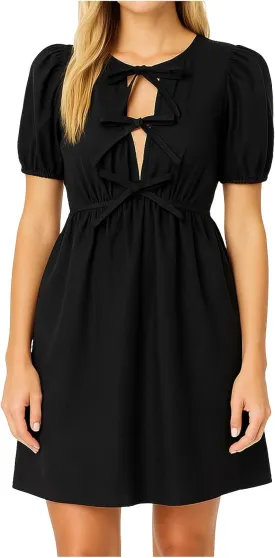 JOAU Womens 2025 Summer Casual Short Puff Sleeve Dresses A Line Bow Tie Front Babydoll Loose Cute Pleated Party Mini Dress