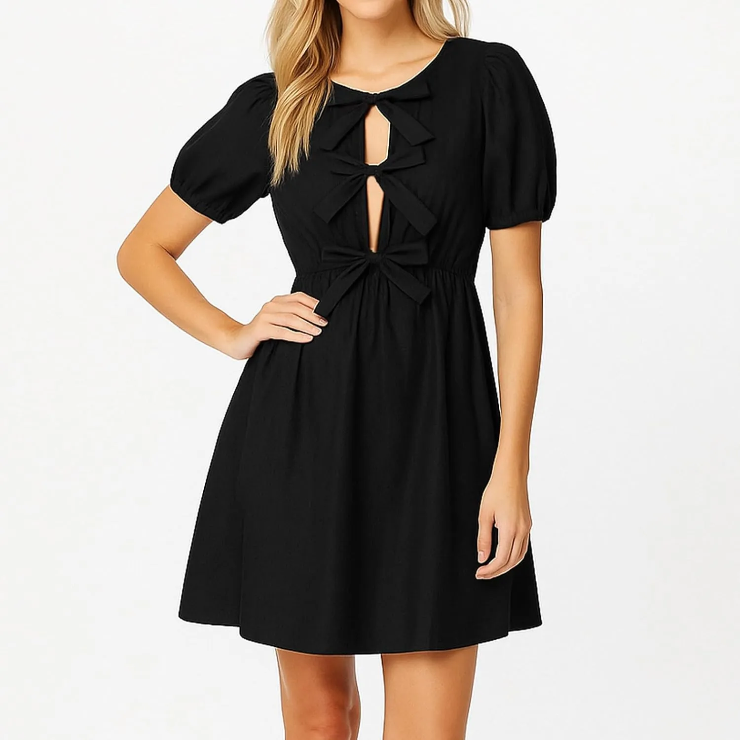 JOAU Womens 2025 Summer Casual Short Puff Sleeve Dresses A Line Bow Tie Front Babydoll Loose Cute Pleated Party Mini Dress