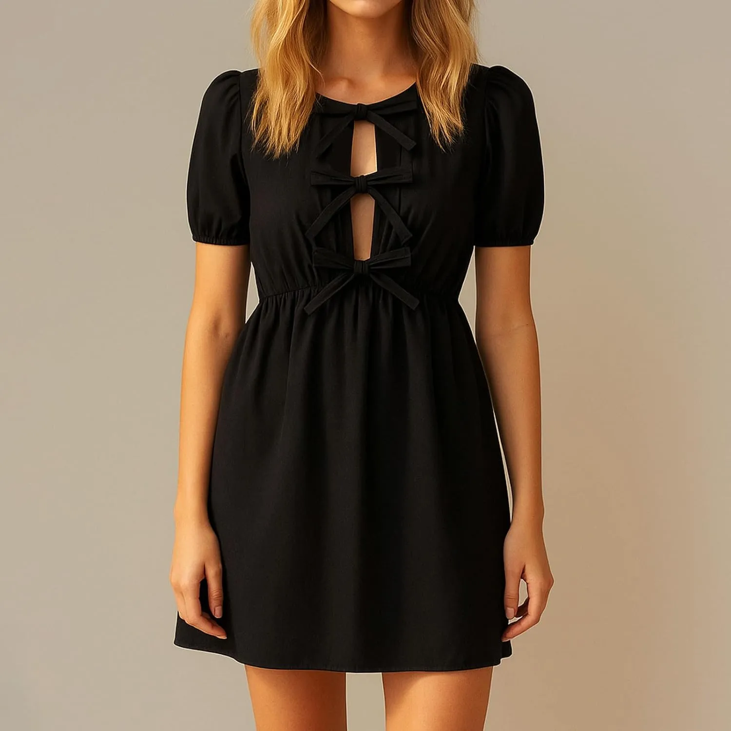 JOAU Womens 2025 Summer Casual Short Puff Sleeve Dresses A Line Bow Tie Front Babydoll Loose Cute Pleated Party Mini Dress