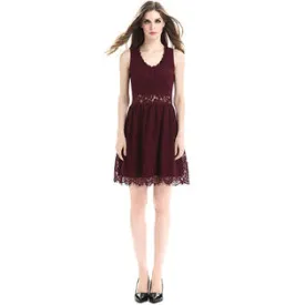 Ketty More Women V-Neck Lace Up Pleated Skirt Above Knee Dress-KMWD107